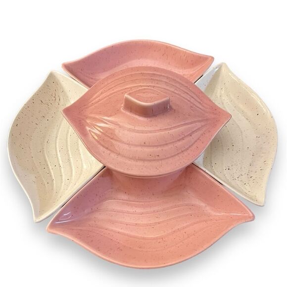 Vintage California Pottery Section Chip Dip Relish Lazy Susan Serving Snack Set - Picture 4 of 16
